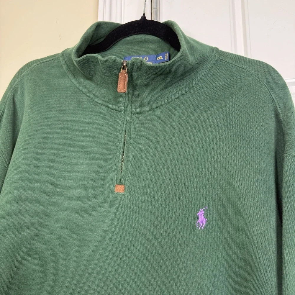 Polo Ralph Lauren Quarter Zip Sweater Men's XXL Green Knit Cotton 1/4 Zip Joker